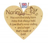 Laser Cut Oak Veneer 'Nanny. Has ears that truly listen. Arms that always hold. A love that's never ending...' Engraved Mini Heart Plaque